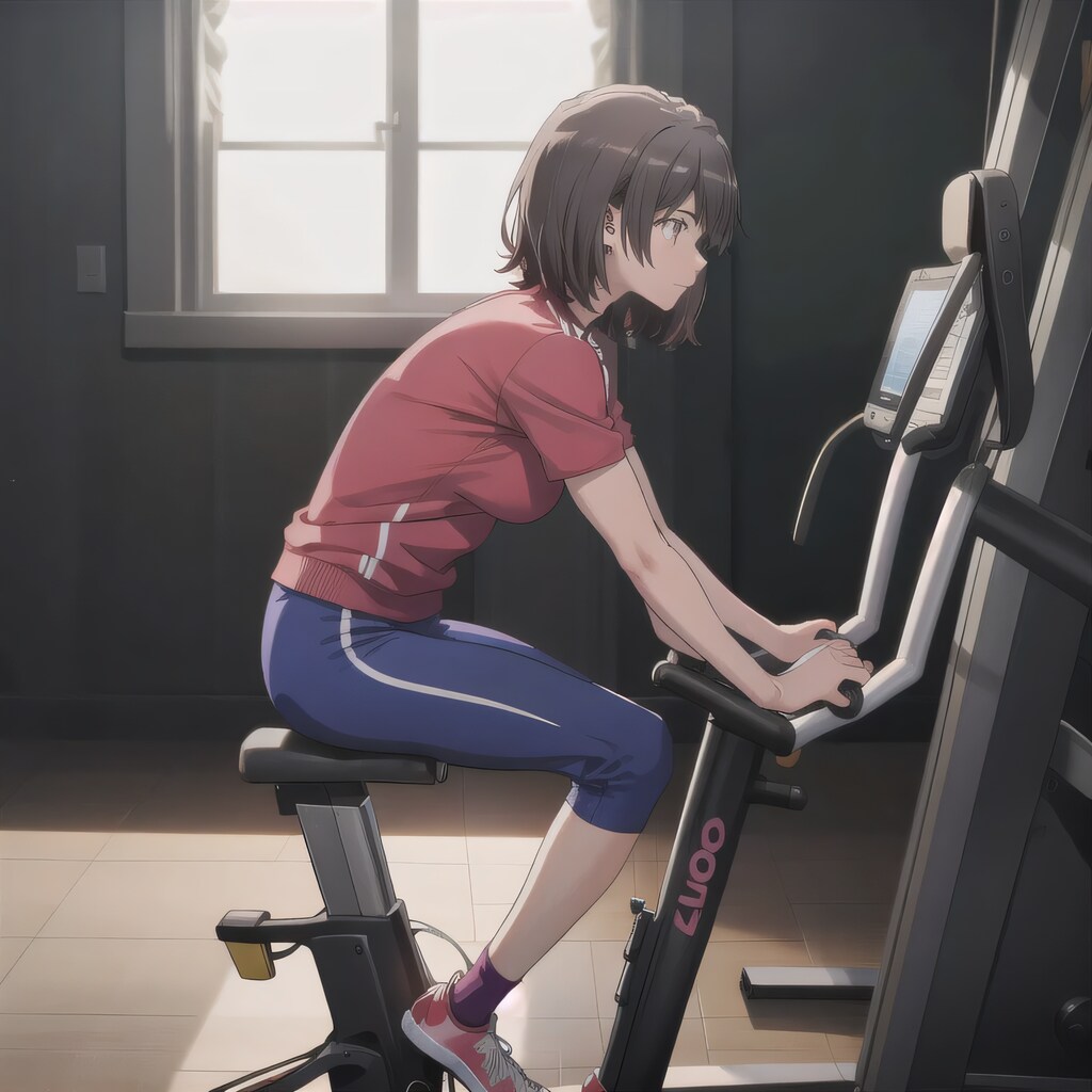 黒髪ボブでエアロバイクの少女