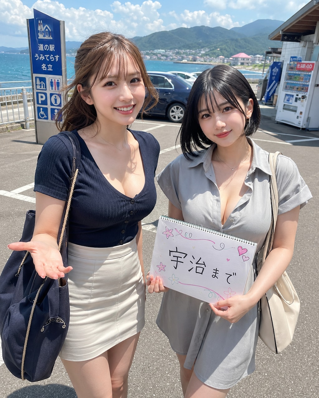ヒッチハイクをする女性たち