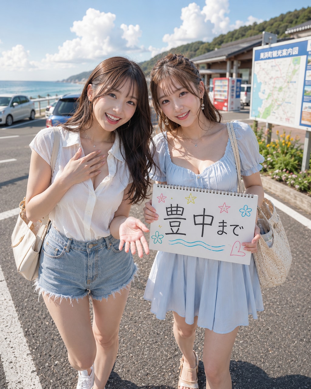 ヒッチハイクをする女性たち