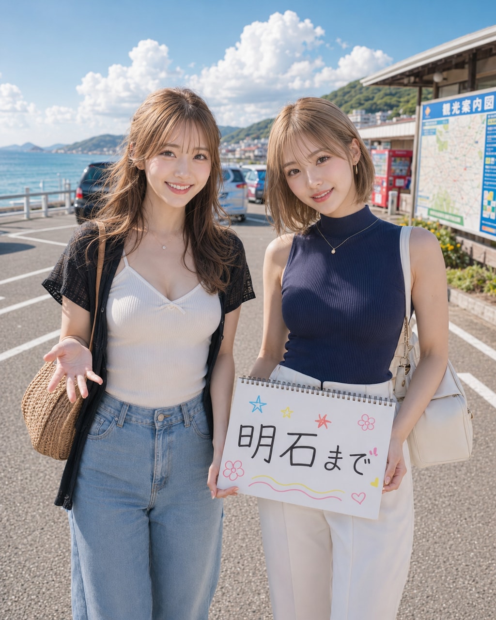 ヒッチハイクをする女性たち