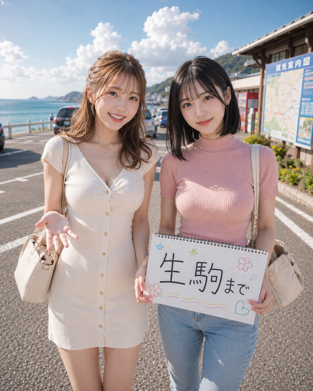 ヒッチハイクをする女性たち