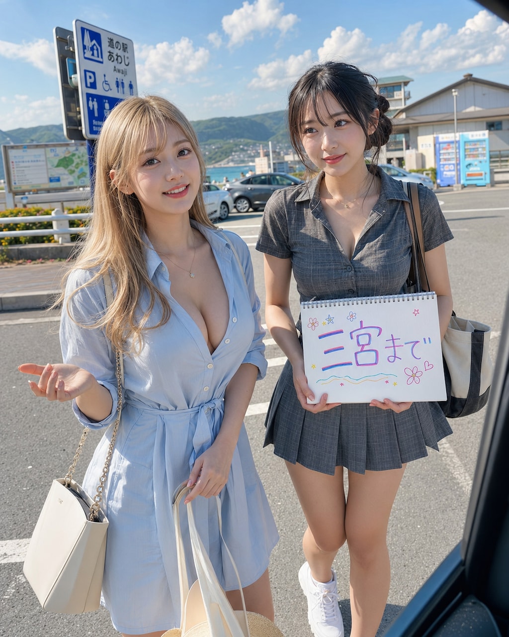 ヒッチハイクをする女性たち