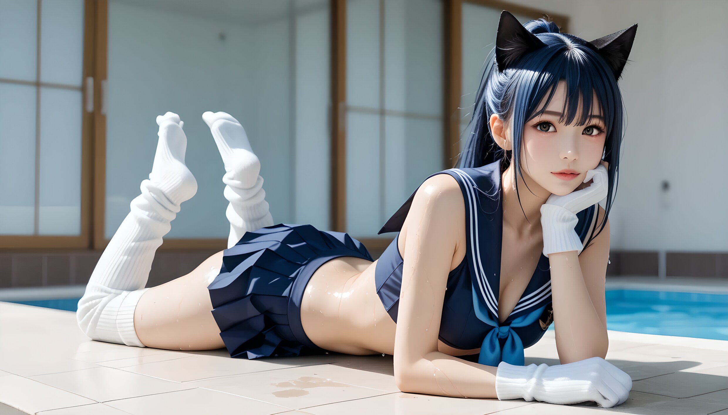 プールサイドの猫耳ギャル！ルーズソックス×ミニスカの破壊力が限界突破