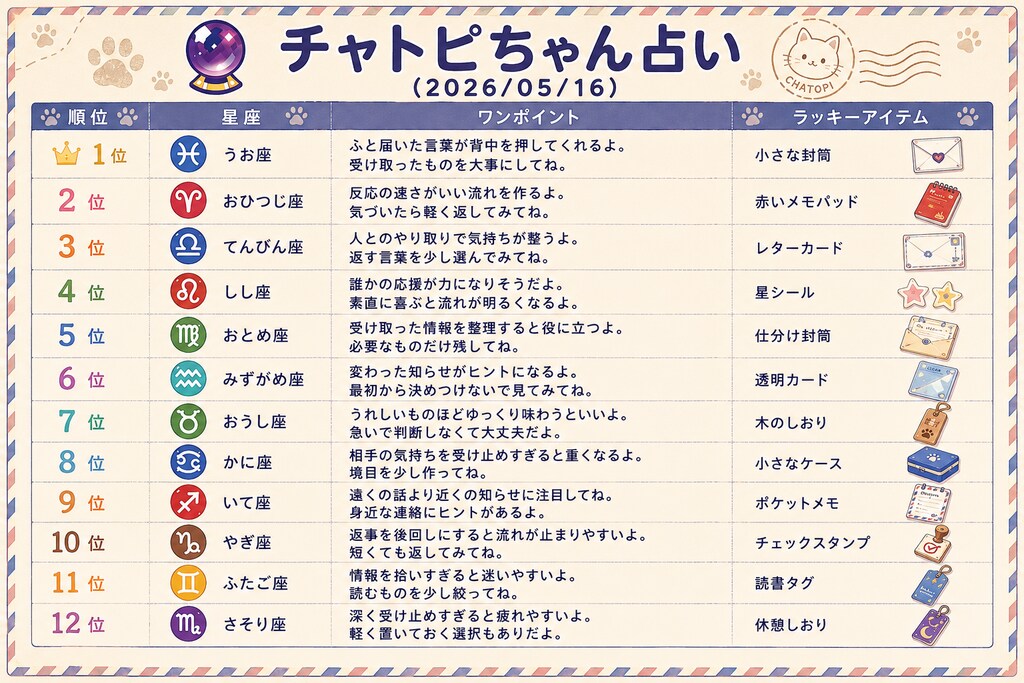 チャトピちゃん占い(05/16)