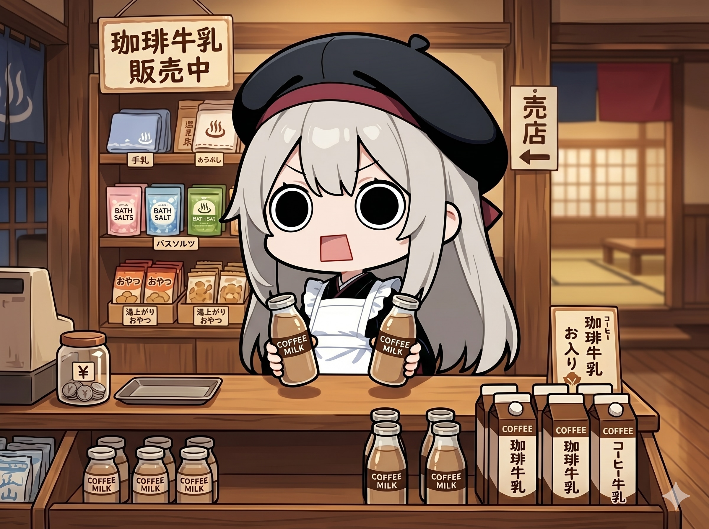 温泉の売店で珈琲牛乳を販売中えらいこっちゃ嬢 | の人気AIイラスト・グラビア