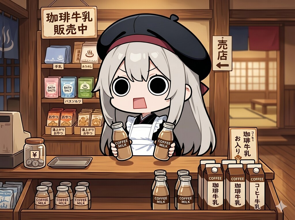 温泉の売店で珈琲牛乳を販売中えらいこっちゃ嬢