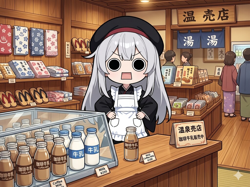 温泉の売店で珈琲牛乳を販売中えらいこっちゃ嬢