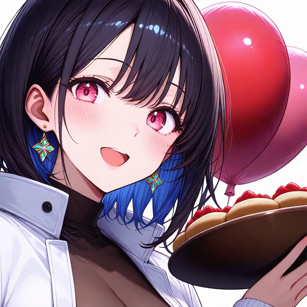 風船を膨らませて遊ぶ黒髪の白衣の美女