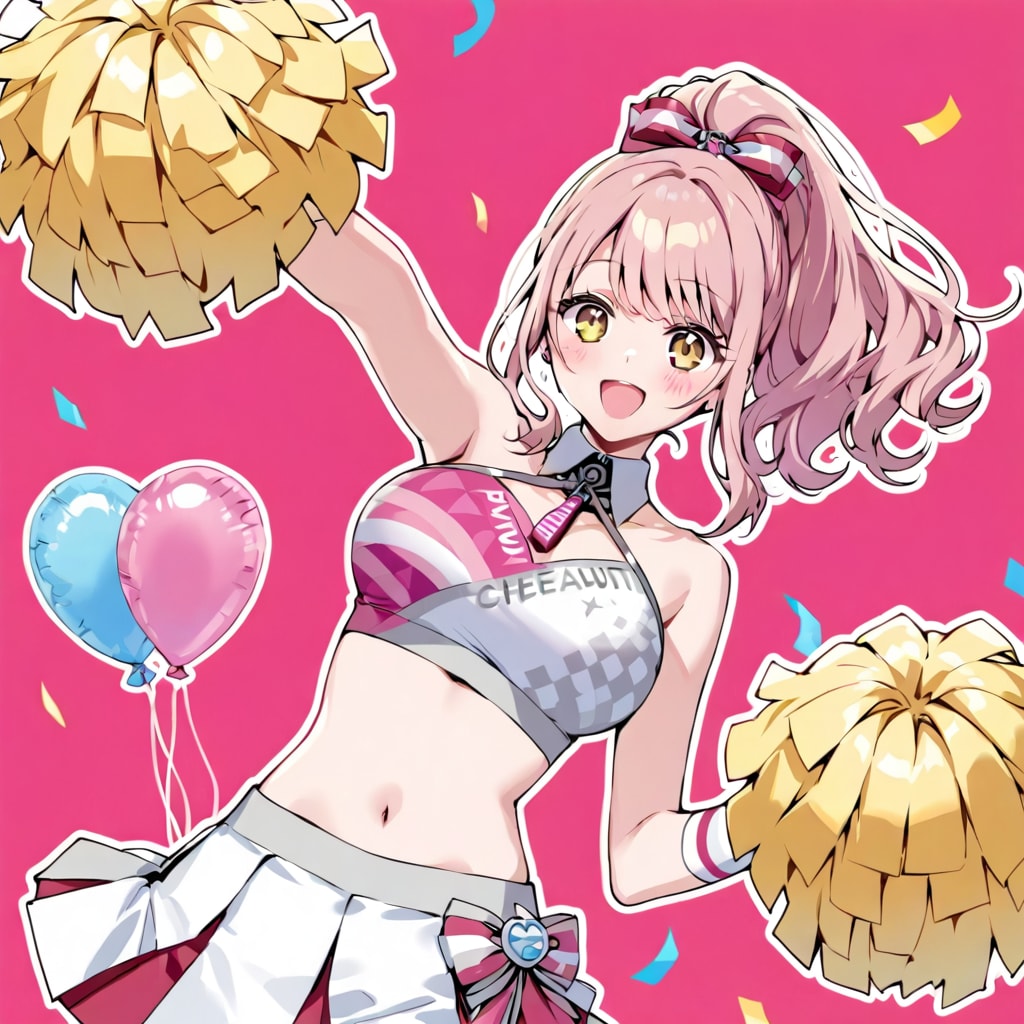色とりどりの風船を持つピンク髪ポニーテールのチアガール衣装着た美女
