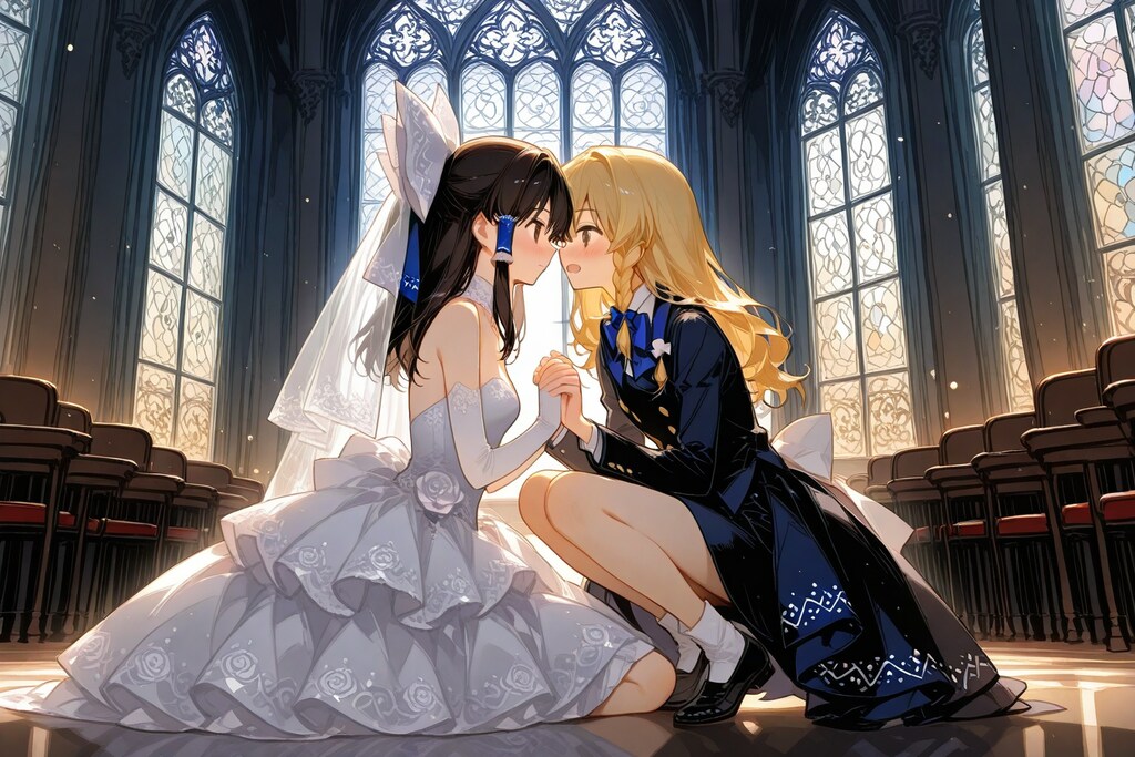 魔理沙とウェディングドレスの霊夢