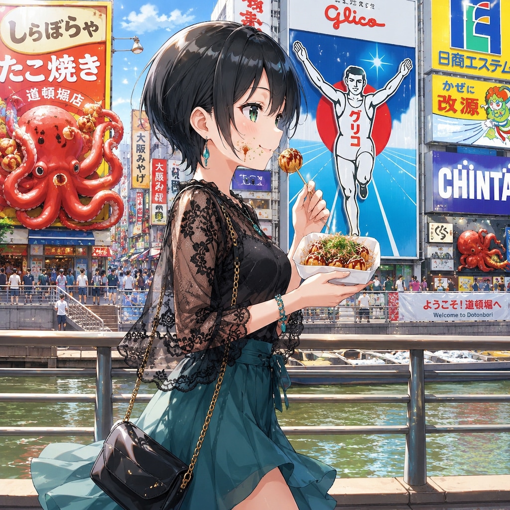 たこ焼きを食べながら道頓堀を歩く藍音ちゃん