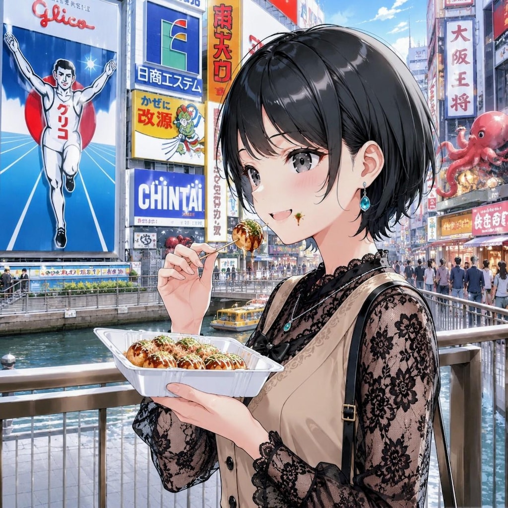 たこ焼きを食べながら道頓堀を歩く藍音ちゃん