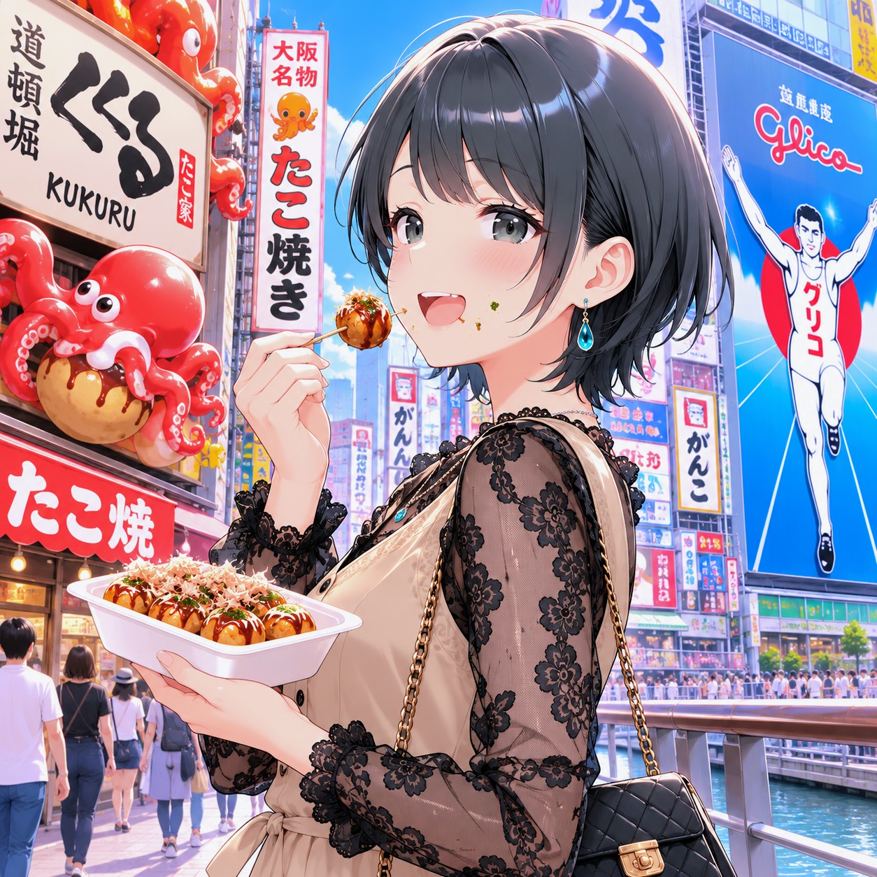 たこ焼きを食べながら道頓堀を歩く藍音ちゃん