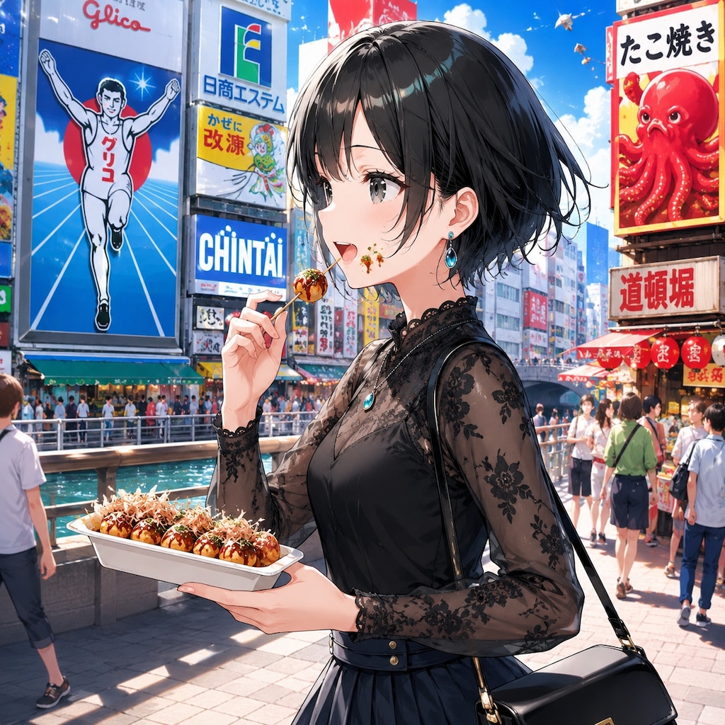 たこ焼きを食べながら道頓堀を歩く藍音ちゃん