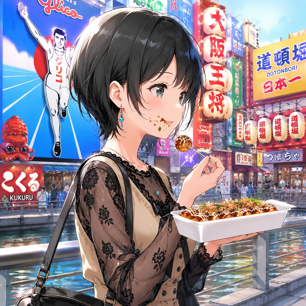 たこ焼きを食べながら道頓堀を歩く藍音ちゃん