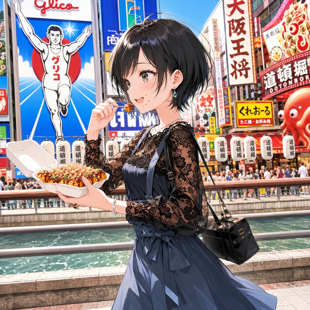 たこ焼きを食べながら道頓堀を歩く藍音ちゃん