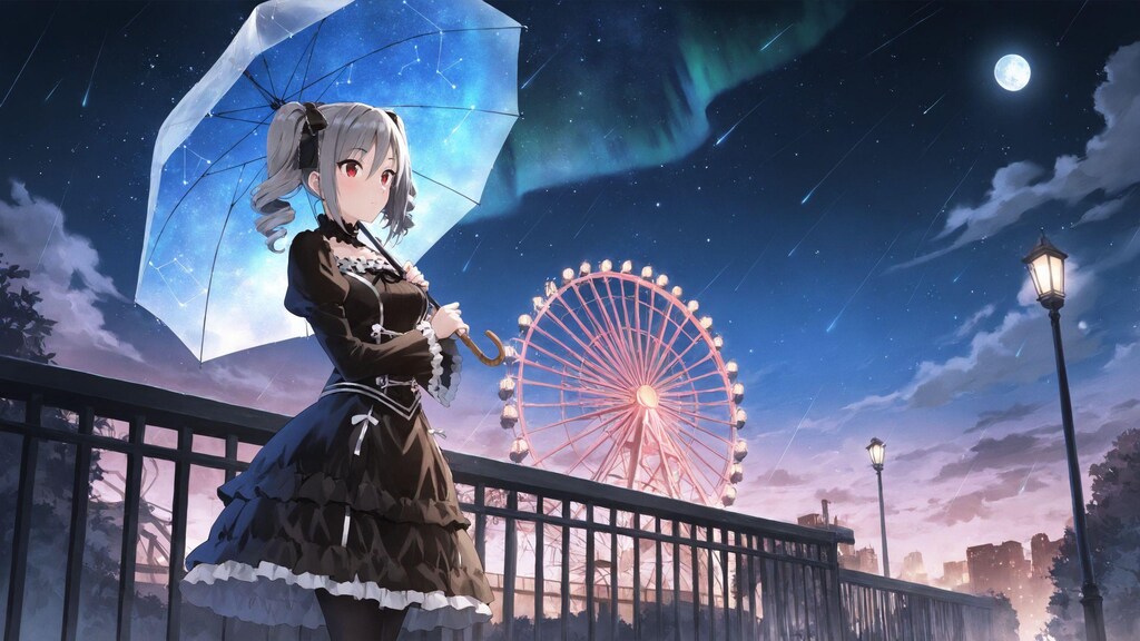 遊園地、オーロラ、流星群