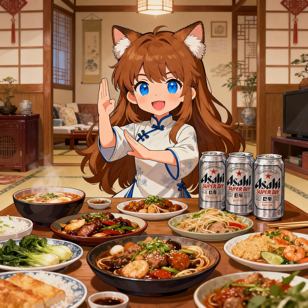 中華料理とチャイナ服の小さな女の子