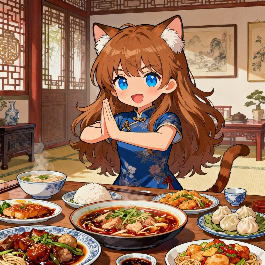 中華料理とチャイナ服の小さな女の子