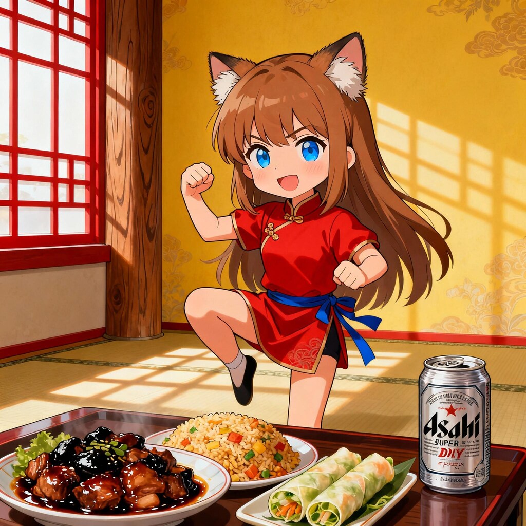 中華料理とチャイナ服の小さな女の子