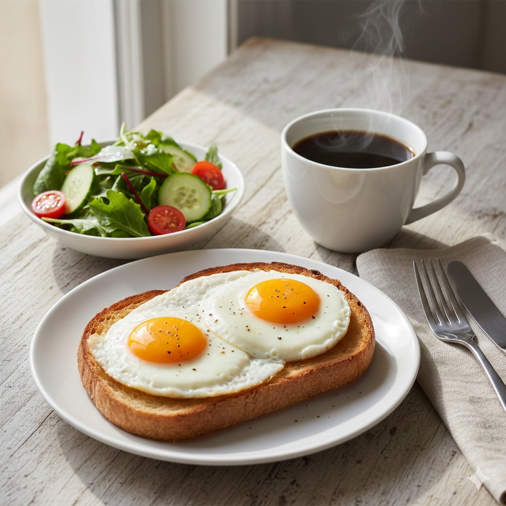 【朝食】目玉焼トースト、サラダ、ブラックコーヒー | の人気AIイラスト・グラビア