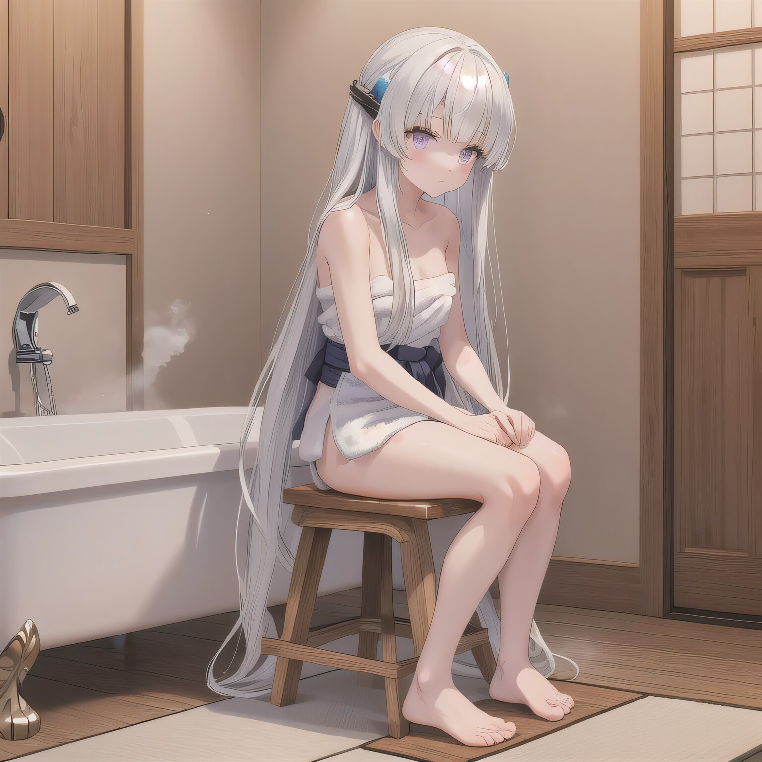 白髪ロングでお風呂の少女１１ | の人気AIイラスト・グラビア