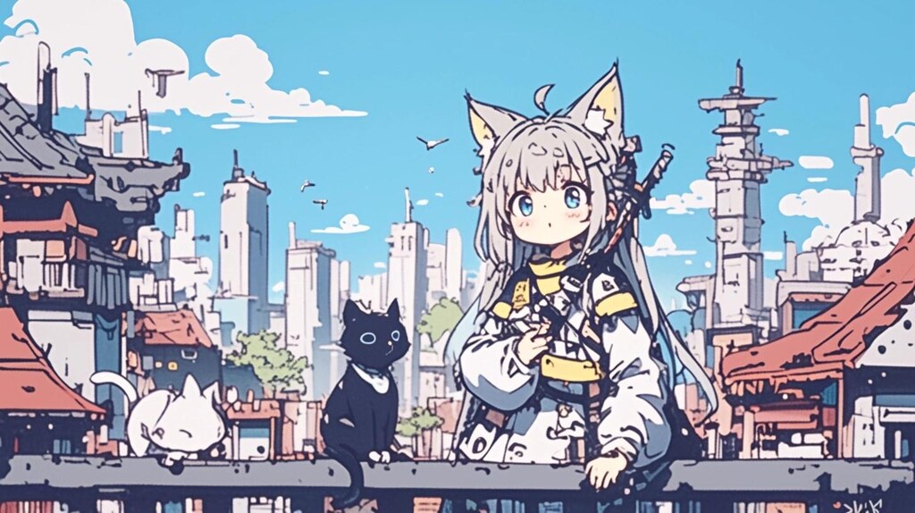 猫耳剣士と白黒ニャンズが見上げる未来の街――いざ、新たな冒険の幕開け！