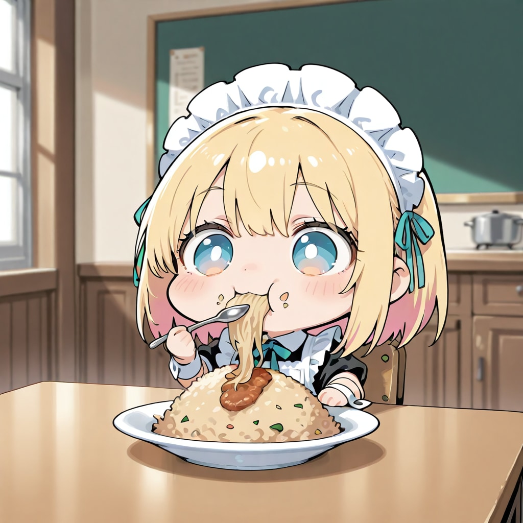 DAISYのチャーハンを食べるメイドさん