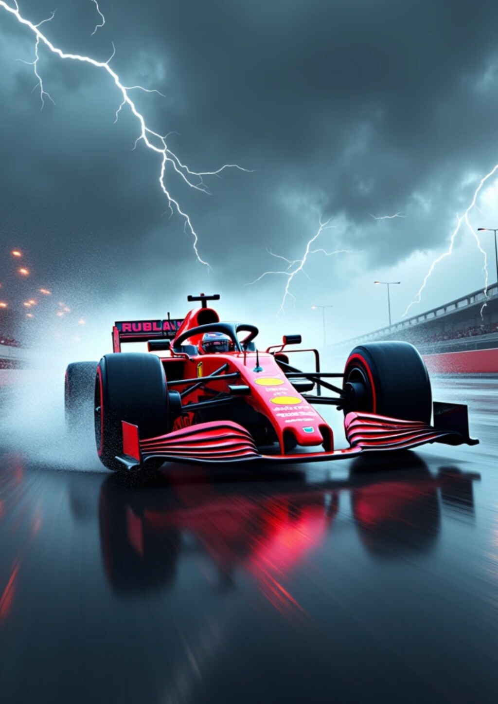 雪と紅葉が舞う中を走るF1