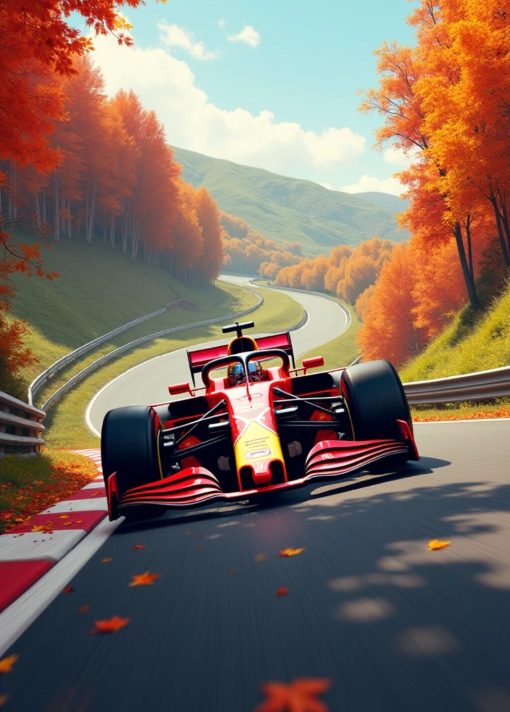 雪と紅葉が舞う中を走るF1