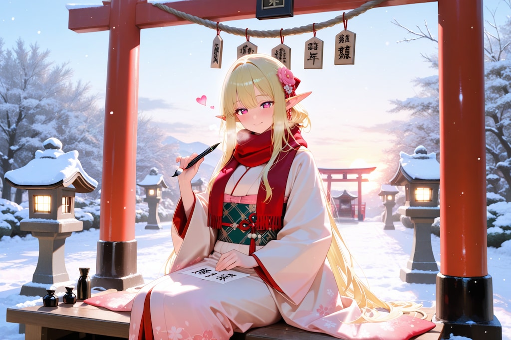 正月に絵馬を描く？エルフの女の子