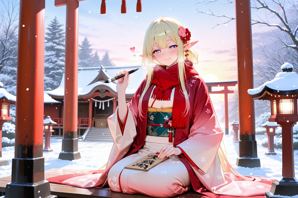 正月に絵馬を描く？エルフの女の子