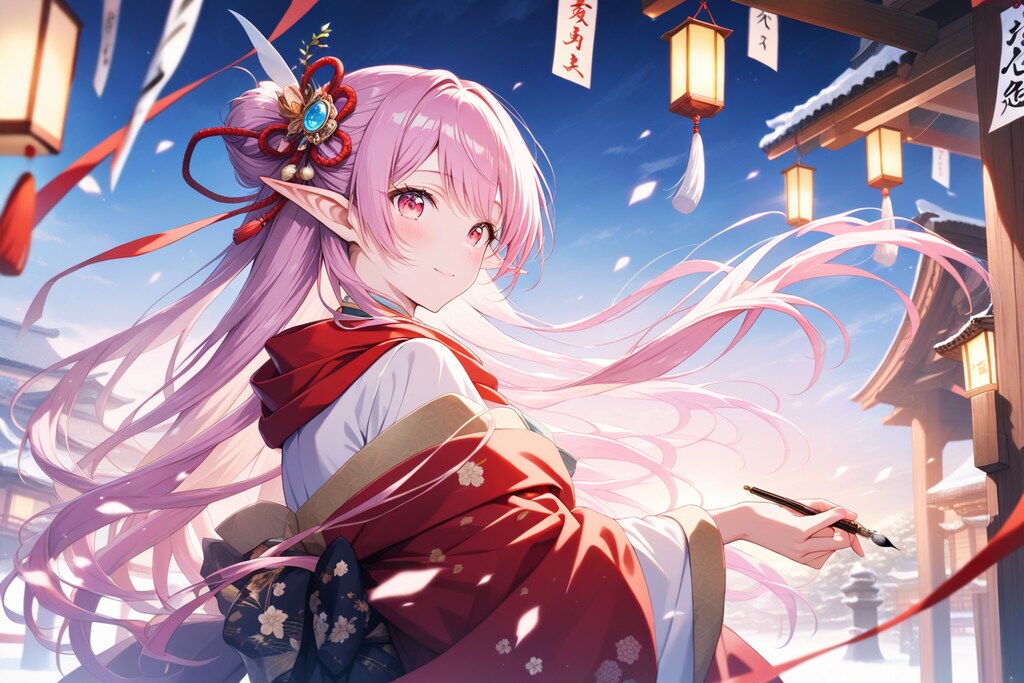 正月に絵馬を描く？エルフの女の子