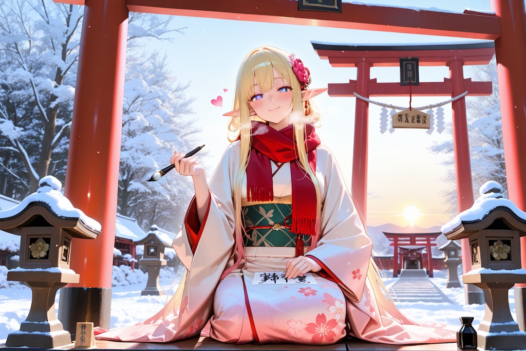 正月に絵馬を描く？エルフの女の子