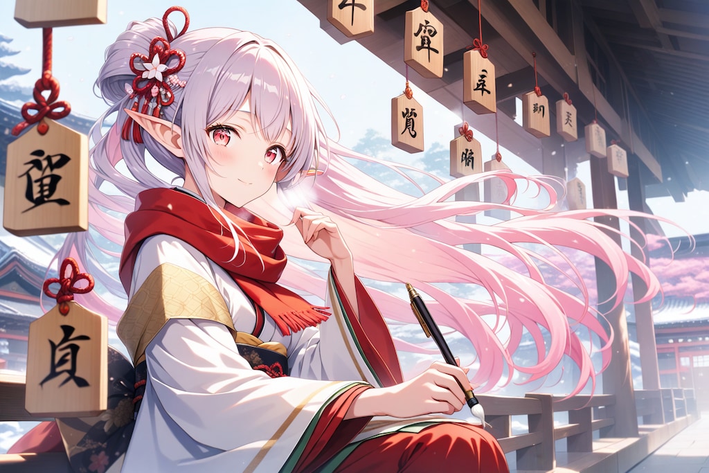 正月に絵馬を描く？エルフの女の子