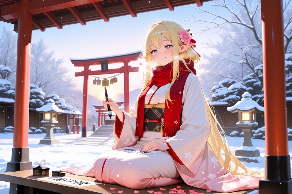 正月に絵馬を描く？エルフの女の子