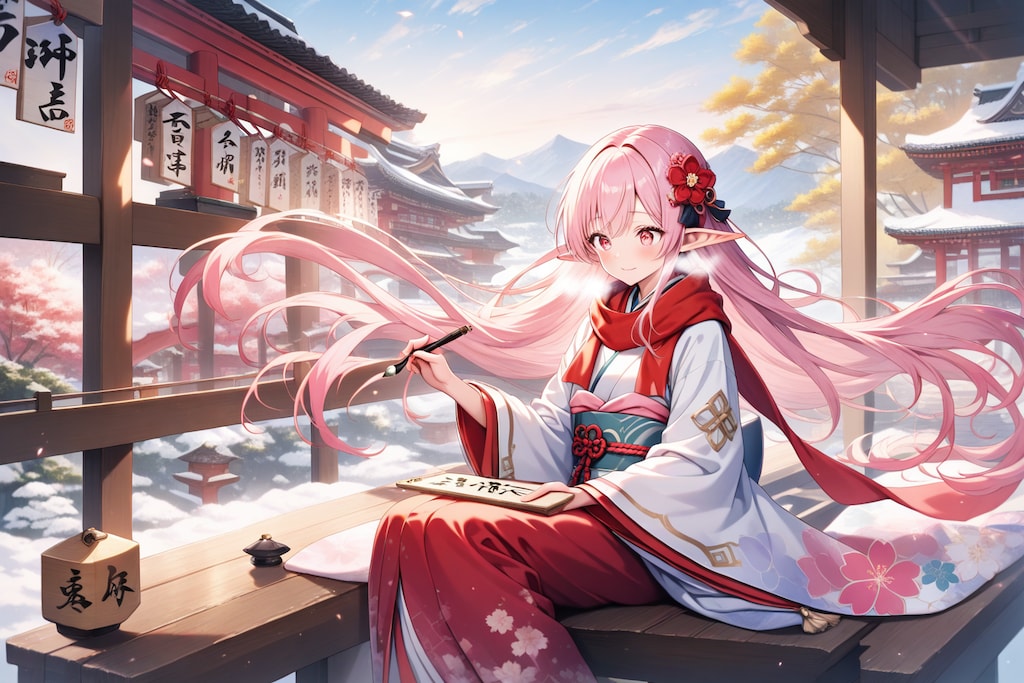 正月に絵馬を描く？エルフの女の子