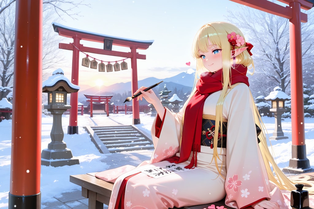 正月に絵馬を描く？エルフの女の子