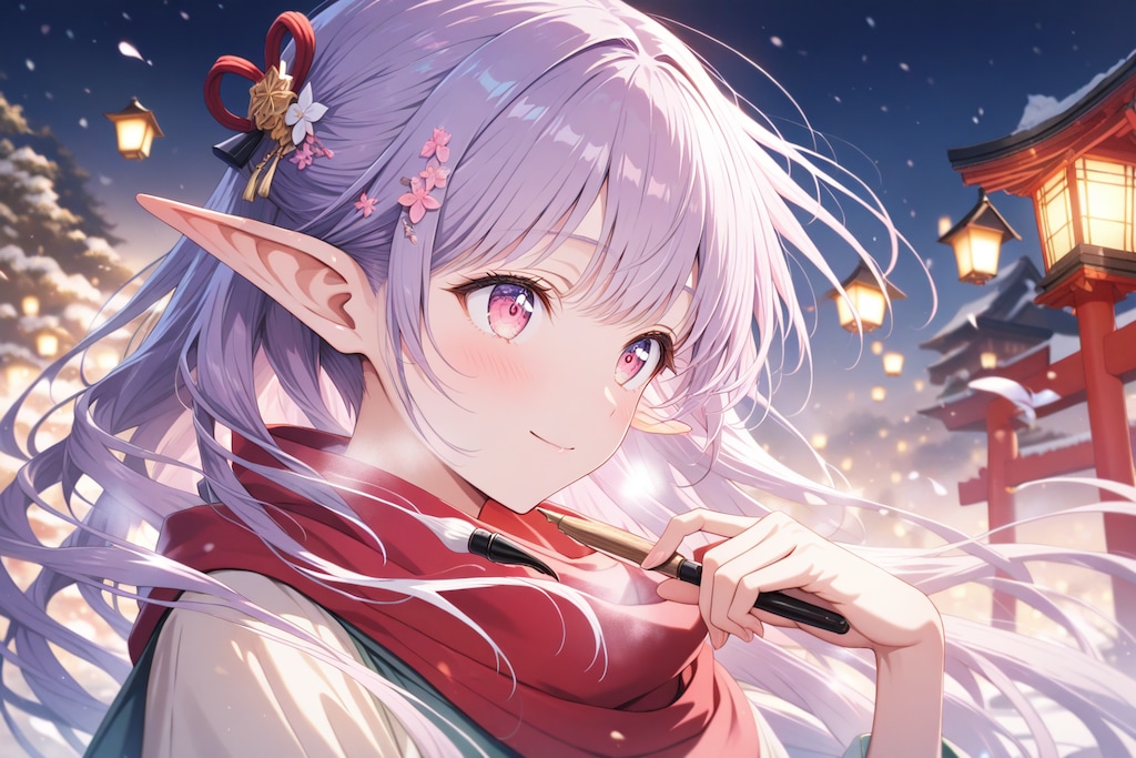 正月に絵馬を描く？エルフの女の子