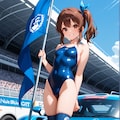 旗を持つスク水サイドポニー女子(レースクイーン風) 2枚目