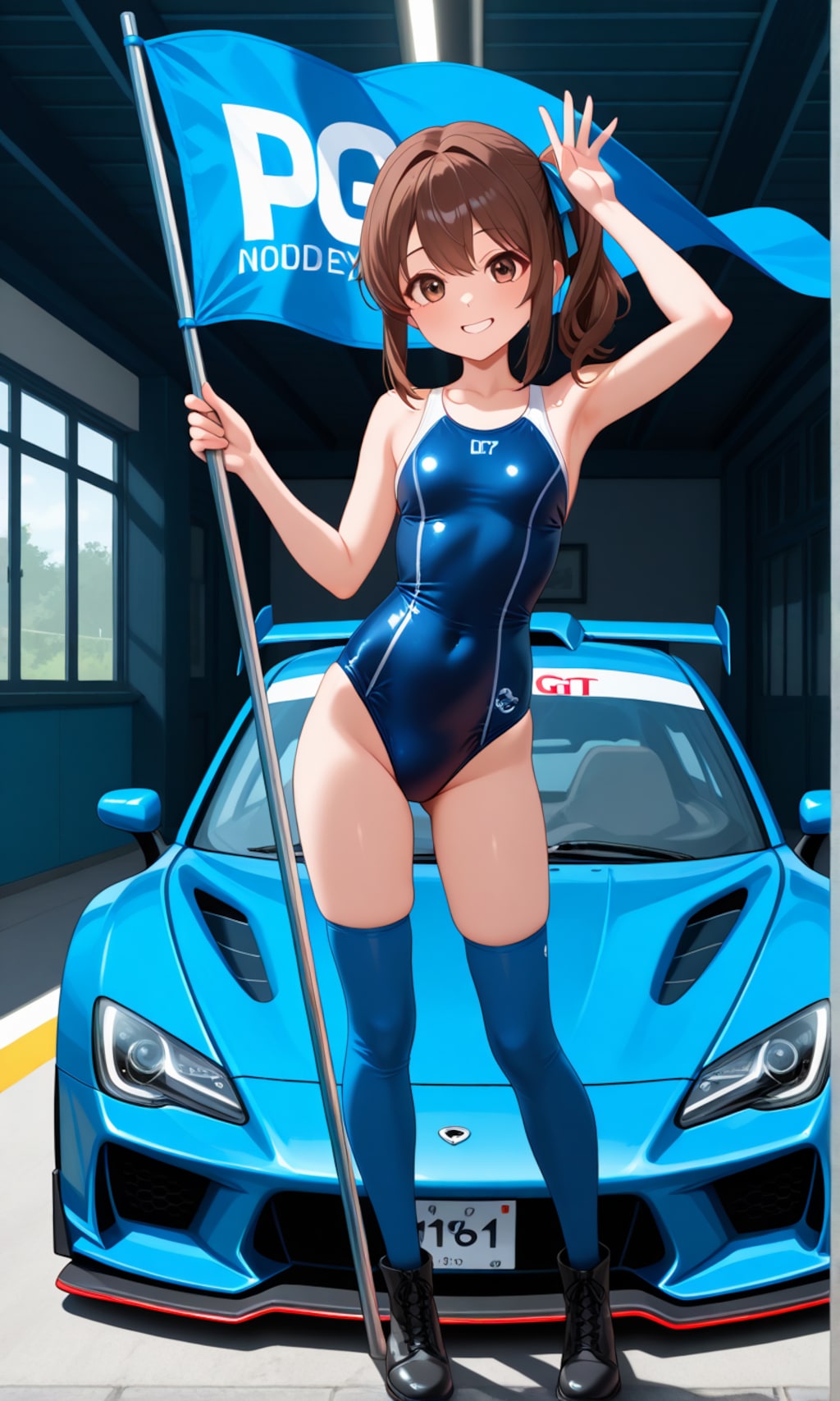 旗を持つスク水サイドポニー女子(レースクイーン風)