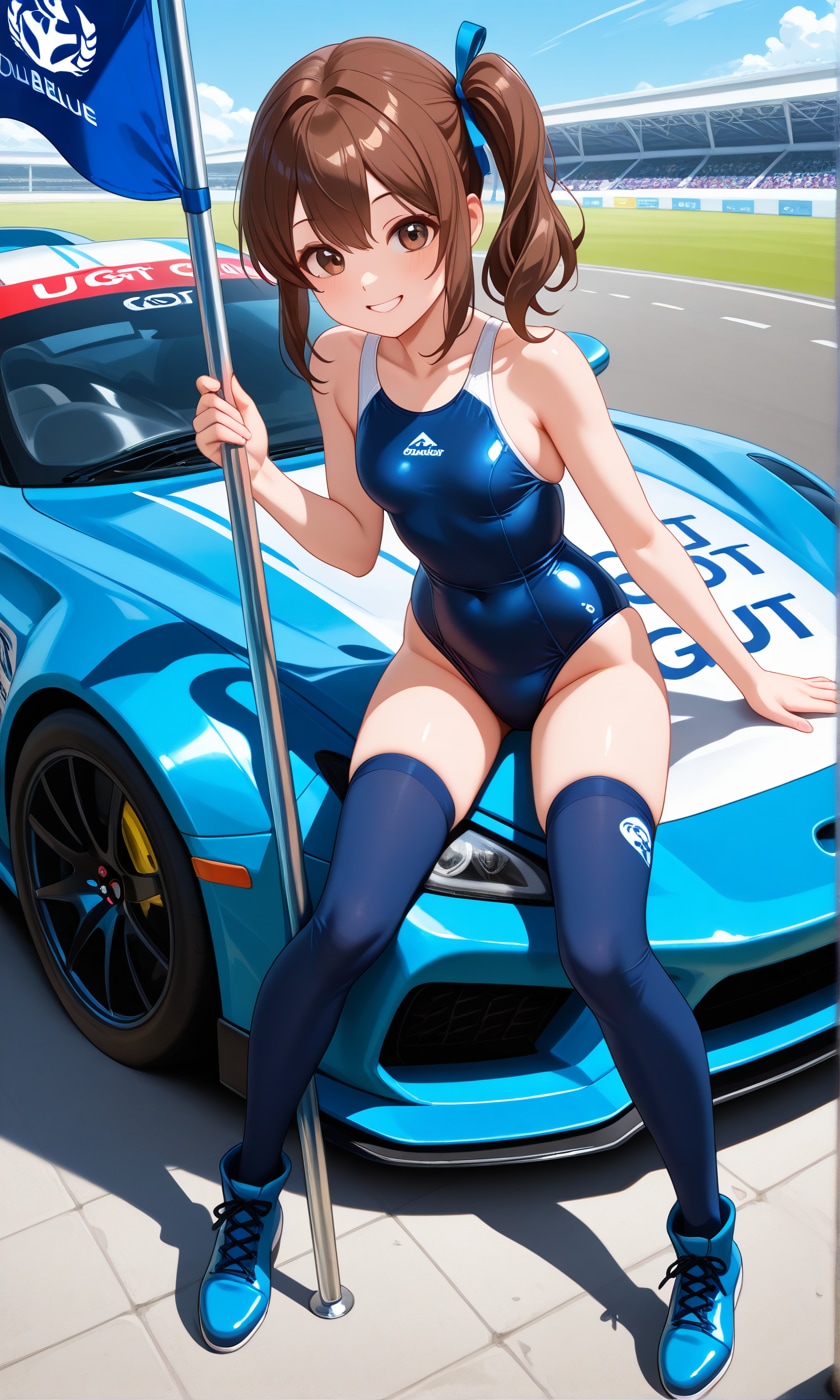 旗を持つスク水サイドポニー女子(レースクイーン風)