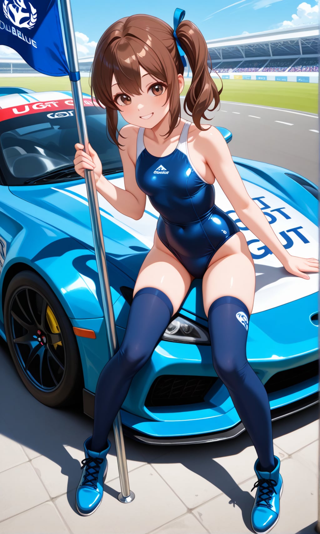 旗を持つスク水サイドポニー女子(レースクイーン風)