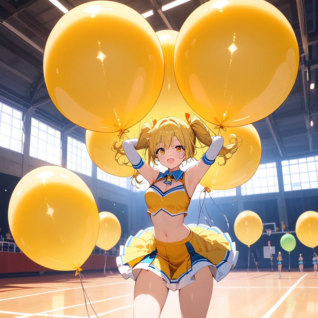 体育館で黄色い巨大風船を膨らませて遊ぶブロンドツインテールのチアガール