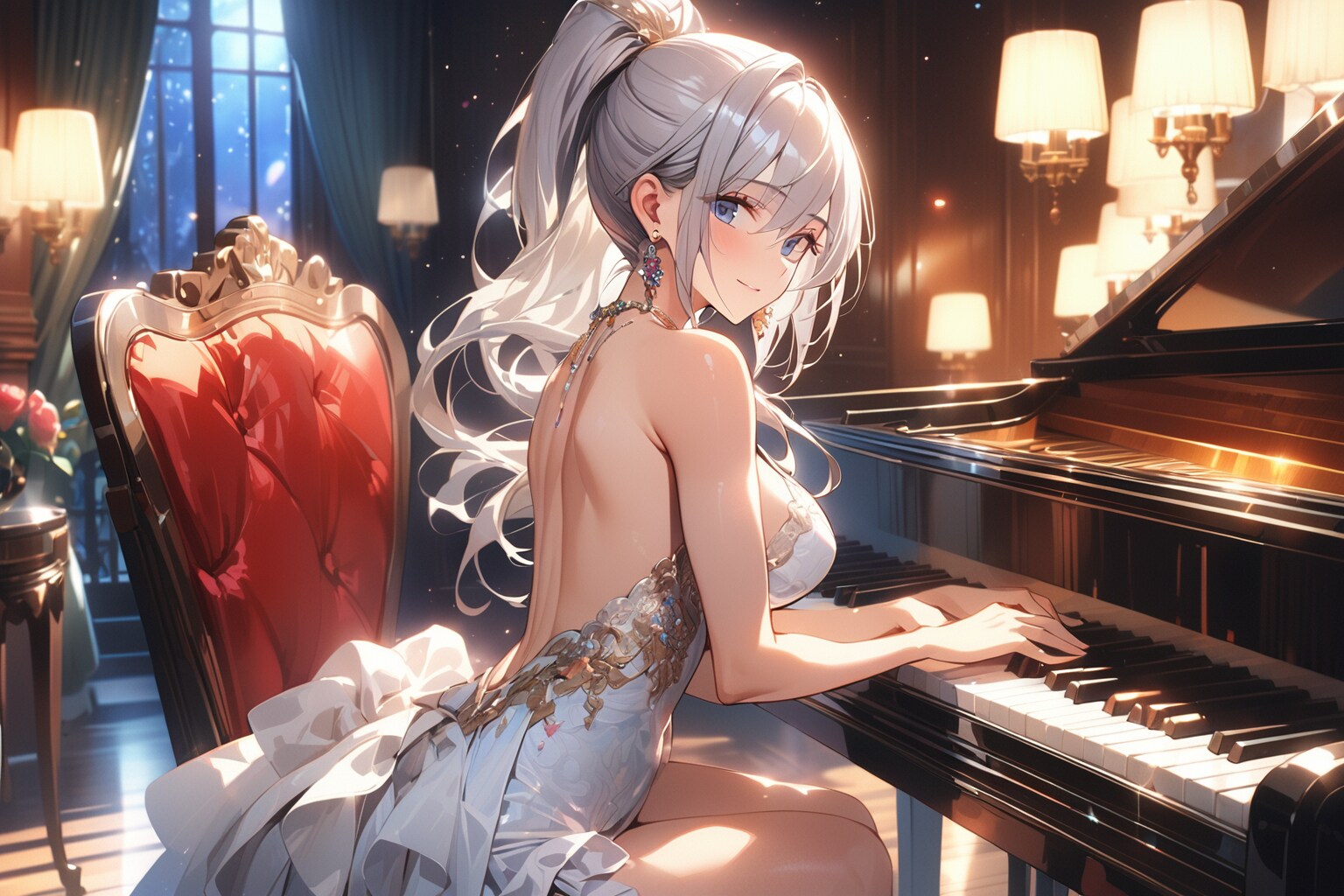 過去作再生成「ピアノを弾く白いドレスの美女」