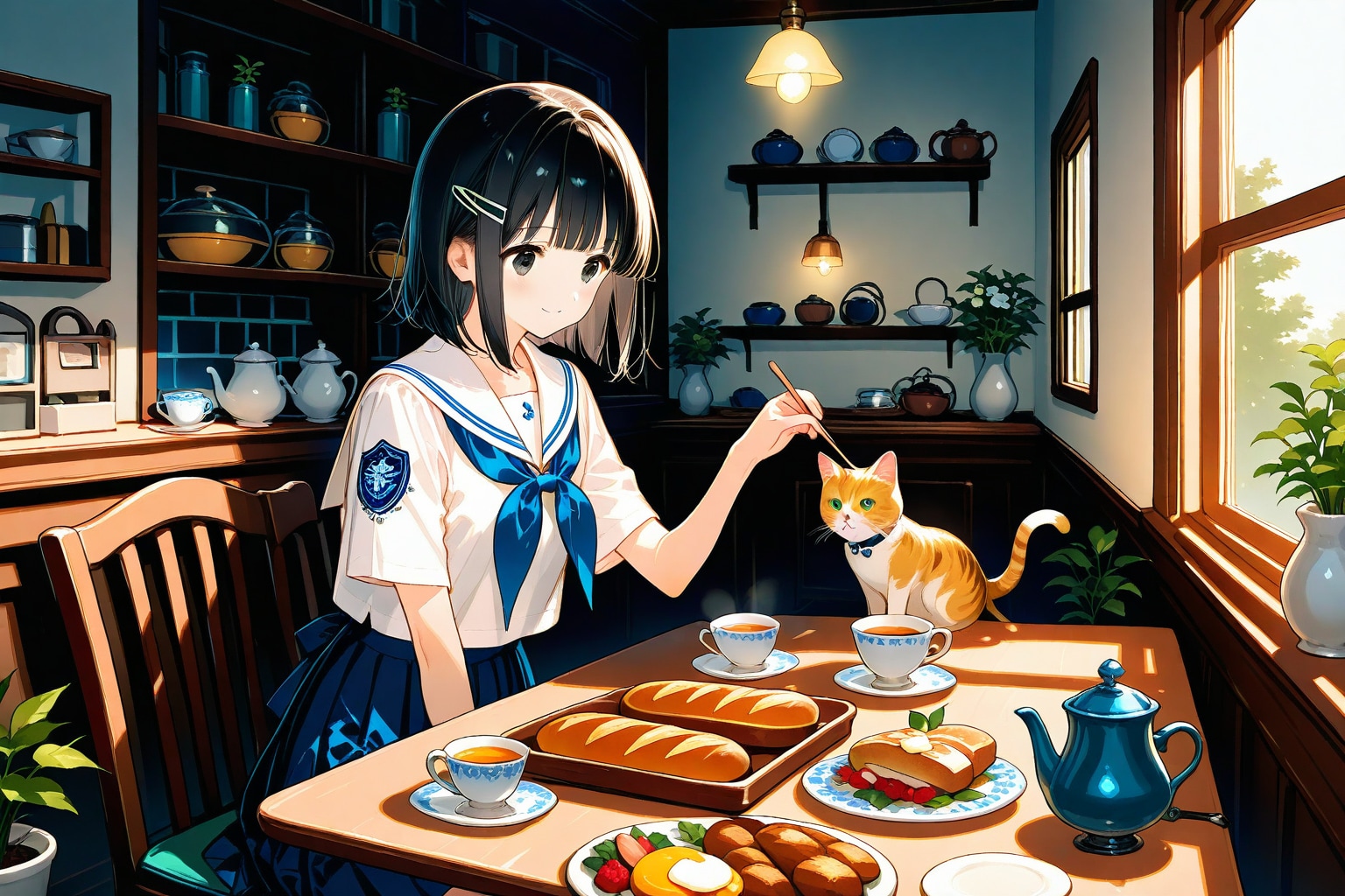 朝食🍞を食べる妹ちゃん✨と猫🐈✨