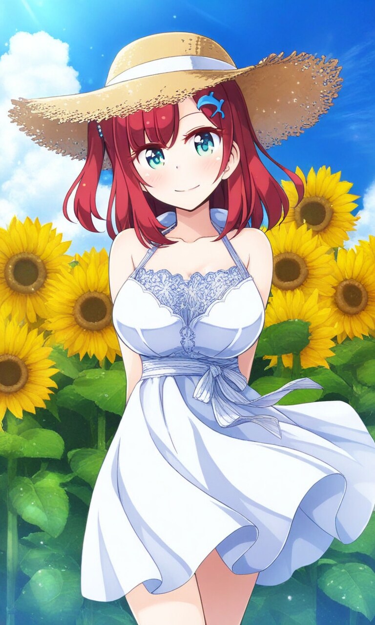 咲宮入華 麦わら帽子とワンピース ひまわり畑 | の人気AIイラスト・グラビア