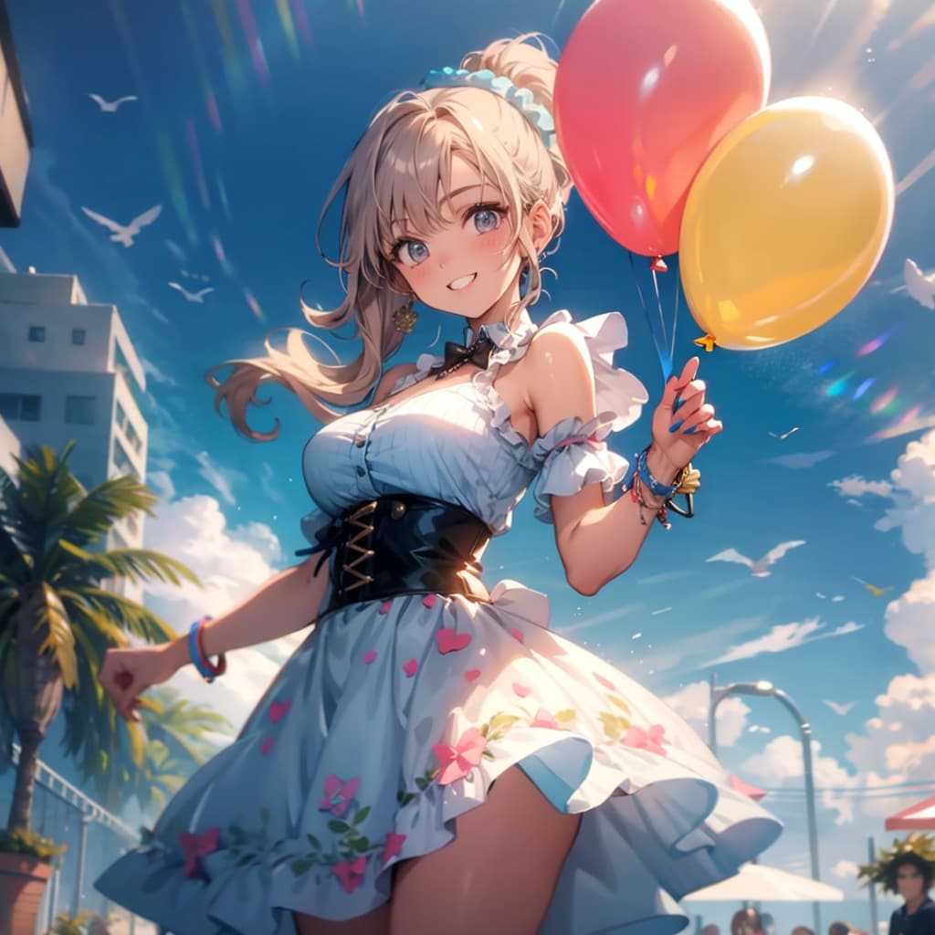 いっぱい色とりどりの風船を持つブロンドポニーテールのアイドル衣装着た美女