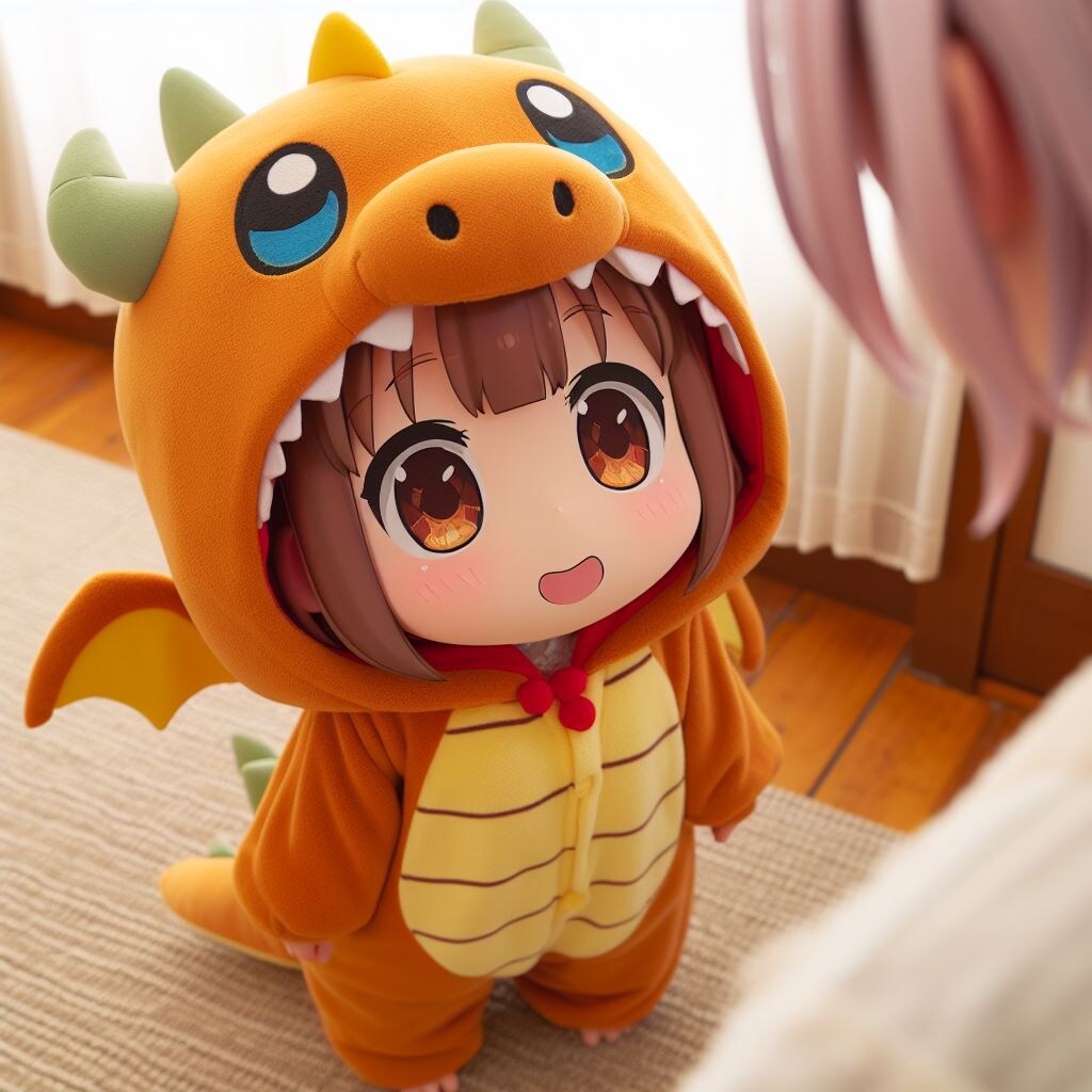 「にあう？」みたいな感じのぬいぐるみちびちゃん