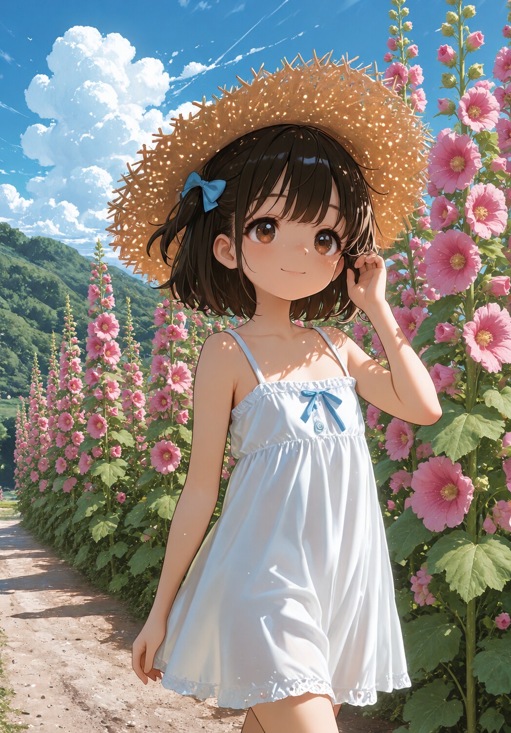 初夏、タチアオイの小径で